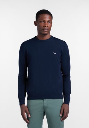 Giovane uomo che indossa un maglione blu navy a maniche lunghe con un piccolo logo di cane bianco e pantaloni verde chiaro, in piedi davanti a uno sfondo bianco semplice.