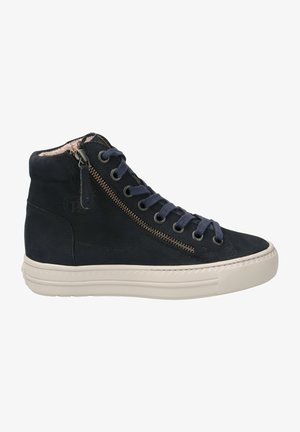 Navy high-top sneaker made of suede, featuring a side zipper, navy laces, white rubber sole, and pink lining. Textured accents along the sides.