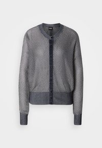 Knappeløs cardigan i marineblå med teksturert mønster, har rund hals, lange ermer og ribbestrikkede mansjetter og kant.