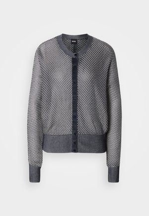 Button-up cardigan in navy with textured pattern, featuring a round neckline, long sleeves, and ribbed cuffs and hem.