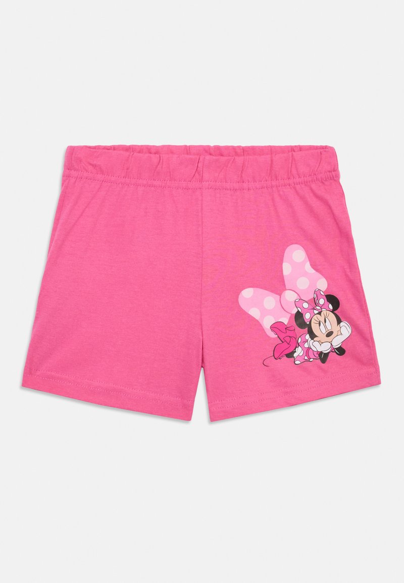 Roze shorts met een elastische tailleband, voorzien van een afbeelding van een personage met stippenaccenten en een strik aan de zijkant. Zachte textuur.