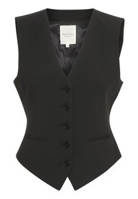 Svart ärmlös väst med V-hals, fem knappar framtill och två sidfickor; tillverkad av slät textil med skräddarsydd passform.