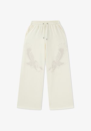 Crème wijde broek met elastische tailleband, aantrekkoord, zijzakken en subtiele arendgrafiek op elk bovenbeen.