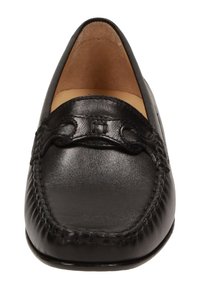 Schwarze Lederloafers mit glatter Textur, genähten Details an den Kanten und einem offenen Zehendesign mit flacher Sohle.