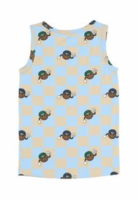 Ujjatlan, pamut tank top, világoskék és bézs kockás mintával, ismétlődő mesehősökkel, akik sapkát viselnek és békejelet mutatnak.