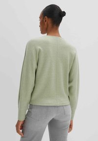 Maglione verde chiaro realizzato in morbido tessuto, caratterizzato da una vestibilità comoda, maniche lunghe e un dettaglio a cucitura sul retro. Indossato con jeans grigi.