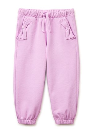 Lila joggingbroek voor kinderen met elastische tailleband, trekkoord, elastische boorden en decoratieve strikdetails op de voorzakken.