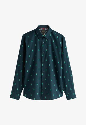 Dunkelgrünes Langarmhemd mit einem strukturierten Muster, das kleine, wiederholte grüne Baum-Motive zeigt. Enthält einen Button-Down-Kragen und Knöpfe auf der Vorderseite.