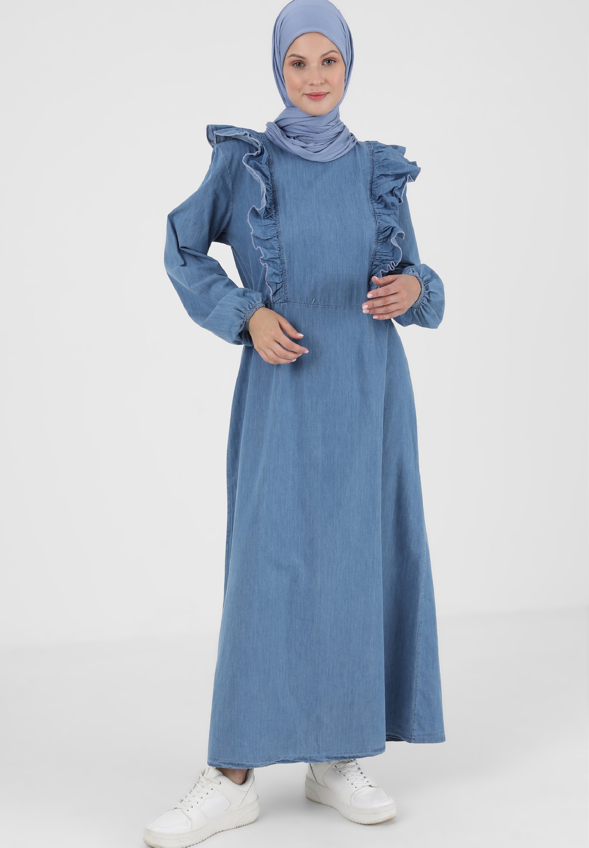 modanisa denim dress Belted Denim Dress Dark Blue