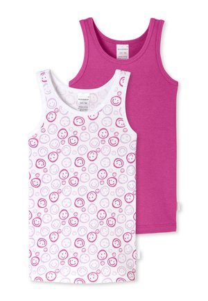 Two children's sleeveless cotton tank tops, one solid magenta and one white with pink and purple smiley face patterns.