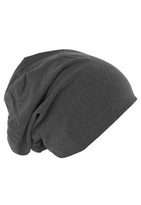 Gray knit beanie hat featuring a slouchy design with soft, smooth texture and draped folds for an informal look.
