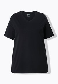 T-shirt nero a maniche corte realizzato in tessuto morbido, con scollo a V e vestibilità comoda. Design semplice senza motivi o dettagli.