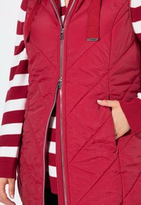 Chaleco acolchado rojo con cremallera en la parte delantera, capucha y bolsillos laterales. Lleva encima de una camisa de manga larga a rayas rojas y blancas.