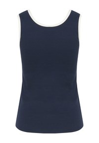 Haut sans manches bleu marine avec un col rond, comportant une bordure blanche contrastante le long de l'encolure. Tissu lisse et extensible.