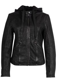 Schwarze Lederjacke mit Kapuze, Reißverschluss vorne und seitlichen Taschen. Mit strukturiertem Design und verstellbaren Kordeln an der Kapuze.