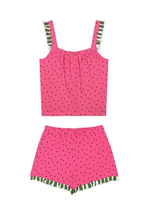 Pinkes ärmelloses Top- und Shorts-Set mit schwarzen Samenmotiven, grünen und weißen Rüschenakzenten an Trägern und Saum der Shorts.