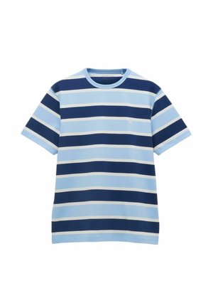Kortærmet t-shirt med horisontale striber i marineblå, lyseblå og hvid samt rund halsudskæring.