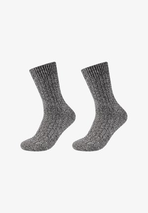 Chaussettes gris côtelées en mélange texturé. Longueur mi-mollet, présentant un motif en marbré gris foncé et gris clair.