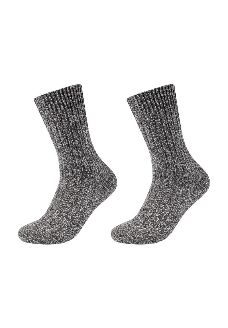 Gray ribbed socks made of a textured blend. Mid-calf length, featuring a dark gray and lighter gray marl pattern.