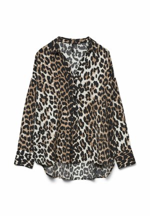 Leopardenprint blouse in lichte stof, met een geknipt kraagje, lange mouwen, in zwart, beige en wit, met een losse pasvorm en een gebogen zoom.