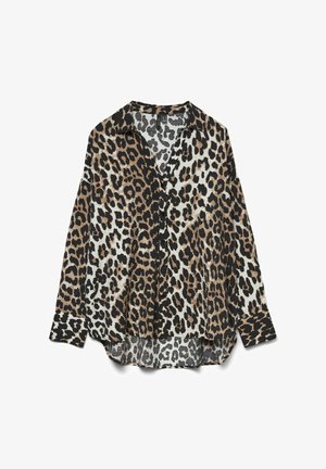 Leopardenprint blouse in lichte stof, met een geknipt kraagje, lange mouwen, in zwart, beige en wit, met een losse pasvorm en een gebogen zoom.