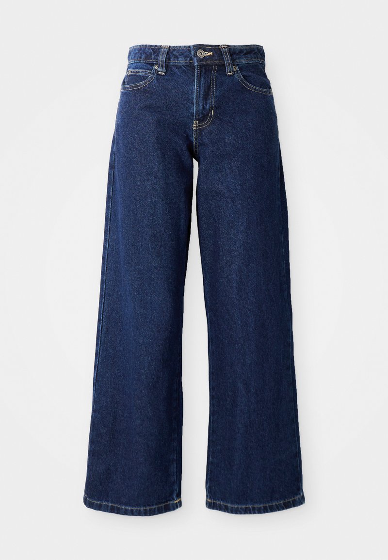 Jeans larghi blu scuro realizzati in denim, con chiusura a bottone e zip, passanti per la cintura e design classico a cinque tasche.