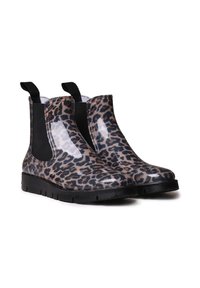 Bottines Chelsea en imprimé léopard fabriquées en matériau brillant avec des panneaux latéraux en élastique noir et des semelles en caoutchouc noir robustes. Texture lisse sur l'ensemble.