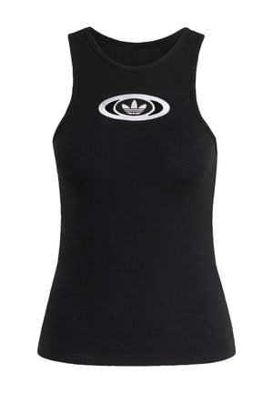Black ribbed tank top with a fitted silhouette, featuring a centered metallic silver logo, round neck, and sleeveless design.