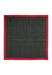 Jedwabny szalik z czarnym tłem, na którym znajduje się siatka małych, jasnoszarych kształtów, otoczony czerwonym brzegiem.