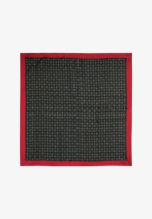 Foulard di seta con sfondo nero e motivo a griglia di piccole forme verde chiaro, bordato da un bordo rosso.