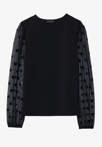 Schwarzes Oberteil mit festem Oberteil und transparenten Puffärmeln im gepunkteten Muster. Rundhalsausschnitt und elastische Bündchen.