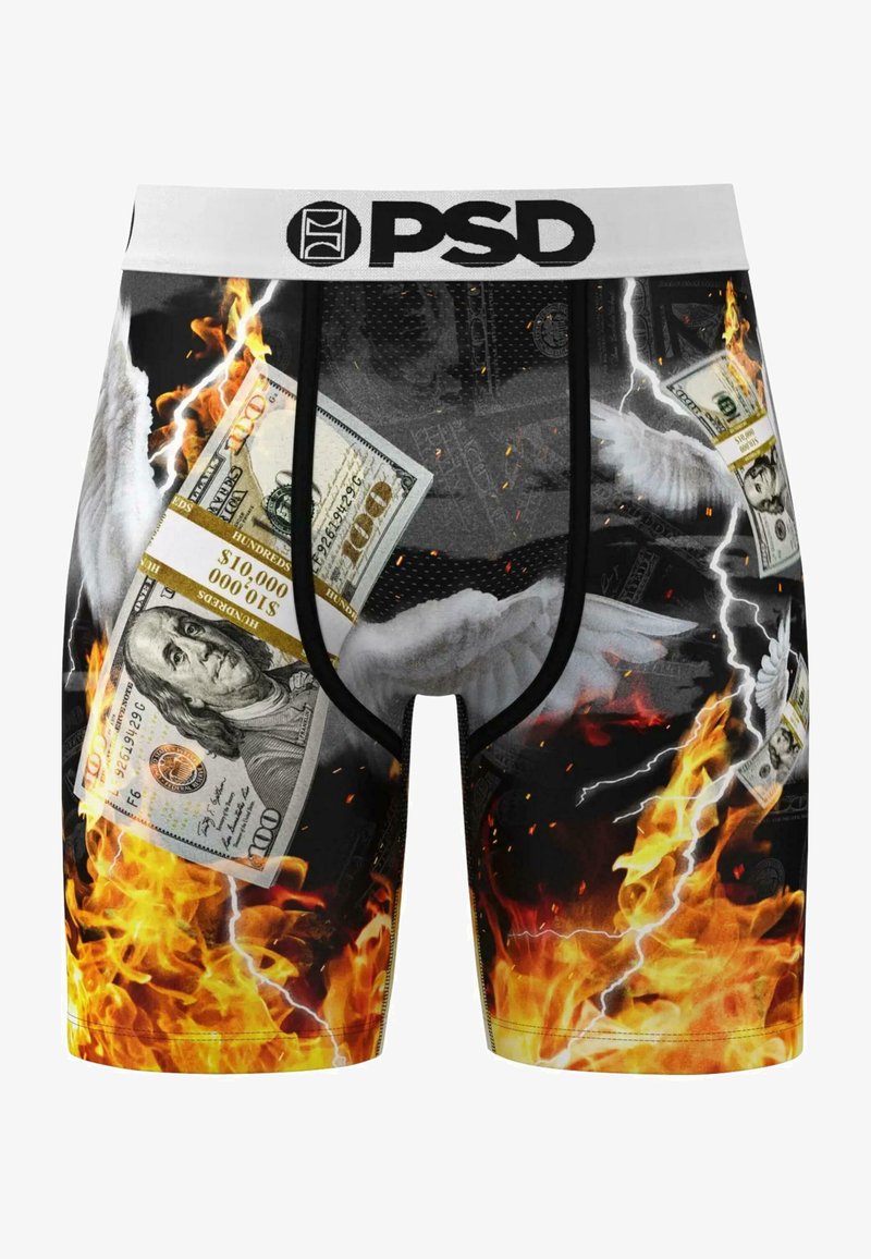 Boxer briefs featuring a black base with flames, $100 bills, and wing graphics. The waistband is white with the "PSD" logo in black.