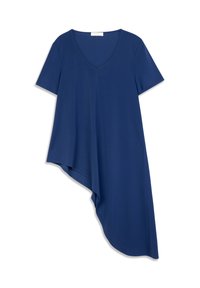 Haut bleu marine asymétrique avec encolure en V, manches courtes et texture lisse. Présente un ourlet plus long sur un côté pour une silhouette fluide.