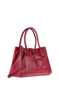 Borsa a tracolla in pelle rossa con finitura testurizzata, manici avvolti doppi, tracolla removibile e dettagli in hardware dorato.