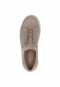 Light pink suede sneaker with elastic laces, a rounded toe, and a white rubber sole. Features a logo on the inner lining.