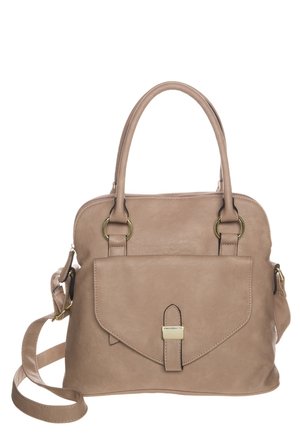 Beige leather handbag with double handles, front flap pocket with gold buckle, and detachable shoulder strap.