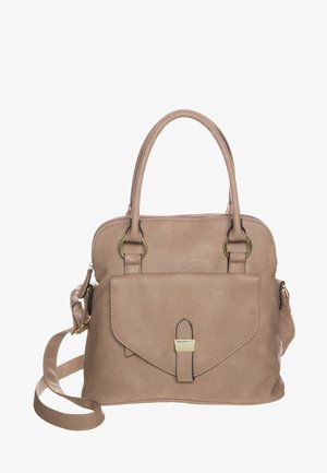Beige lederen handtas met dubbele handvaten, voorflapzak met gouden gesp en afneembare schouderriem.