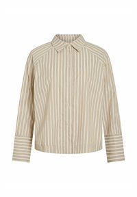 Chemise rayée beige clair avec fines rayures verticales marron. Dotée d'un col classique, d'une fermeture par boutons et de manches trois-quarts avec poignets rayés.
