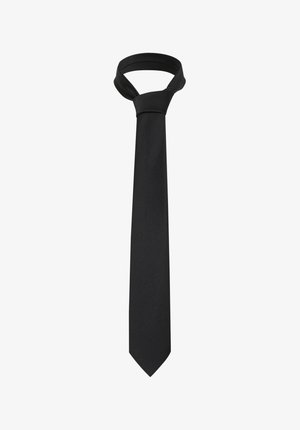 Black tie made of smooth fabric, featuring a standard shape with a narrow point and a looped neck section for easy wearing.