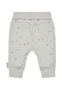 Helle graue Babyhosen aus weichem Baumwollmaterial mit einem Muster aus beigen Pfotenabdrücken, elastischem Bund und umgeschlagenen Knöcheln.