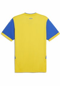 Gul sports trøje med blå korte ærmer, der har en rund hals og sidelommer. Lavet af letvægts, åndbart stof.