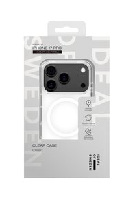 Klarer Schutz für iPhone 17 Pro, hergestellt aus transparentem Material, mit schlankem Design, kompatibel mit MagSafe, mit kreisförmiger Öffnung für kabelloses Laden.