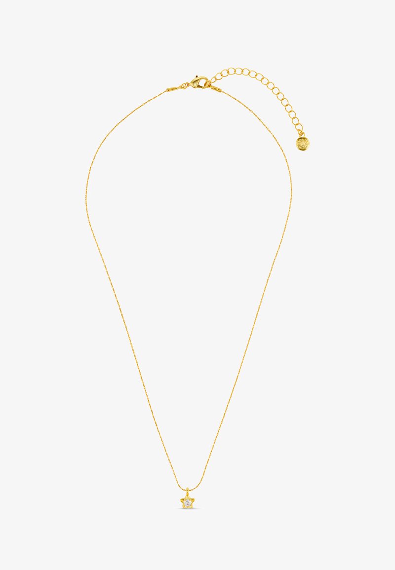 Colar de corrente de ouro com um pingente em forma de estrela, apresentando uma pedra preciosa central. A corrente tem um acabamento texturizado e um fecho ajustável.