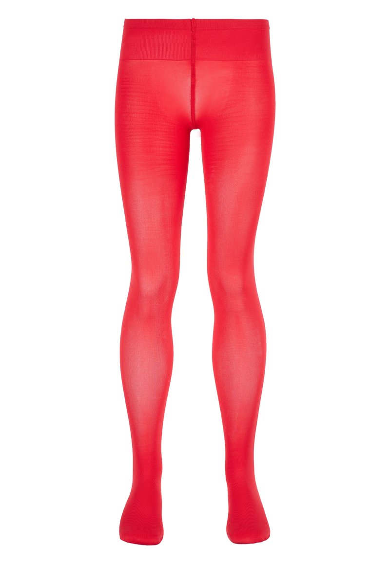 Collant rossi trasparenti con una texture liscia e una vita elastica. Design aderente che copre completamente le gambe senza ulteriori motivi o dettagli.