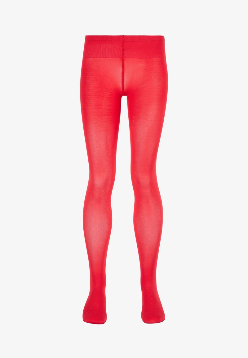 Collants transparents rouges avec une texture lisse et une taille élastique. Design moulant qui couvre entièrement les jambes sans motifs ni accents supplémentaires.