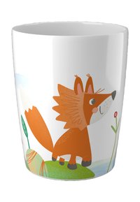Ceramiczny kubek z rysunkowym lisem w pomarańczowych odcieniach, z zielonymi liśćmi i kwiatem, na białym tle. Gładkie, połyskliwe wykończenie.