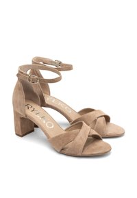 Sandali con tacco in suede beige, con cinturini incrociati, chiusura con fibbia alla caviglia e tacco a blocco. La texture liscia e il design semplice ne aumentano la versatilità.