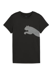 Svart kortärmad t-shirt av glatt tyg med en grå, pixelerad kattsilhuett över bröstet, rund halsringning.
