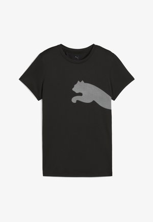 Czarna krótki rękaw t-shirt z gładkiego materiału z szarym, pikselowym konturem kota na piersi, okrągły dekolt.