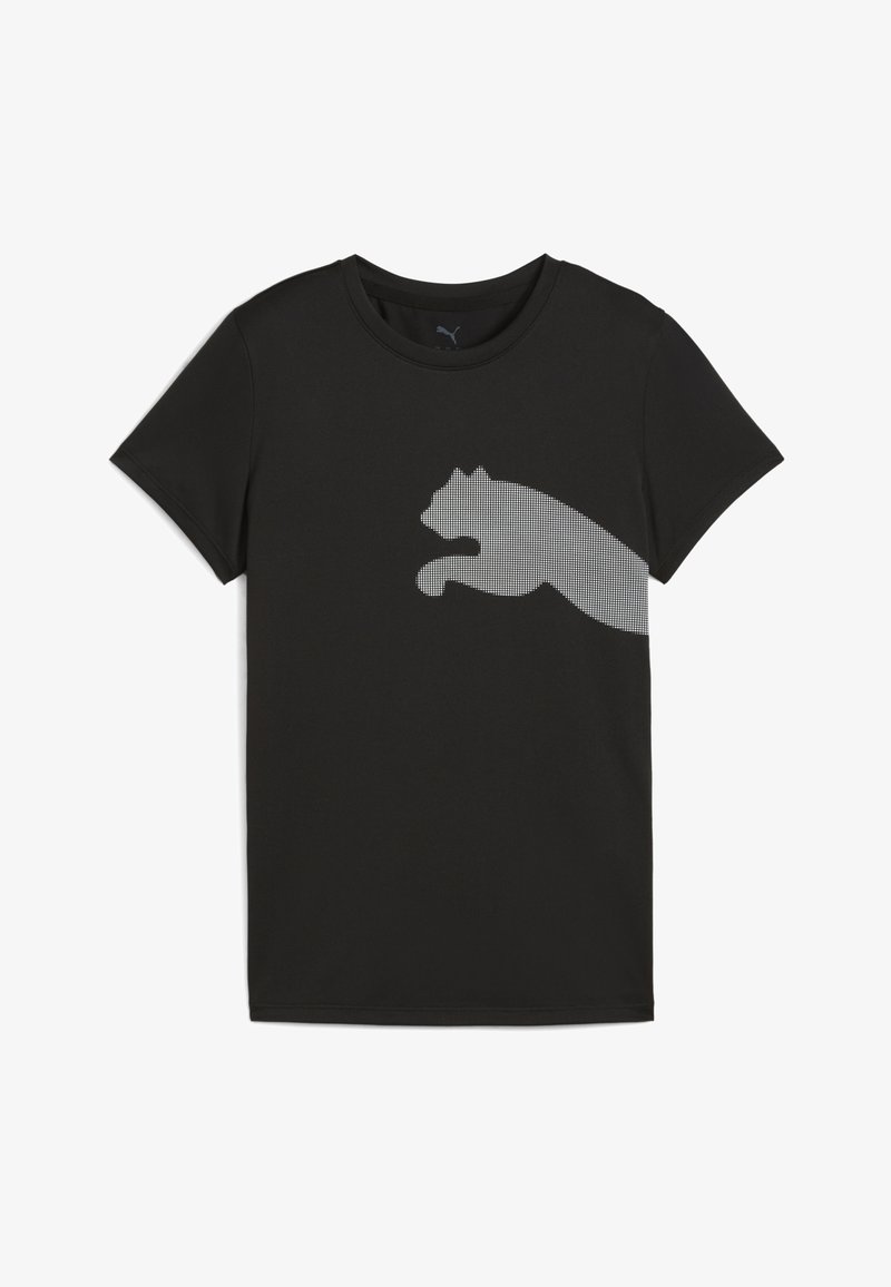 Črna majica s kratkimi rokavi iz gladkega materiala, ki ima sivo, pikselirano silhueto mačke čez prsa, okroglo ovratnico.